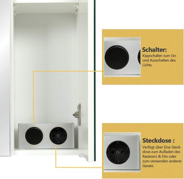 Дзеркальна шафка для ванної кімнати Dictac з LED-підсвічуванням, розеткою та вимикачем світла 70x15x60 см (ШxГxВ). Шафка з трьома дверцятами, шафка-дзеркало для ванної, навісна шафка, дзеркало для ванної кімнати, білий колір.