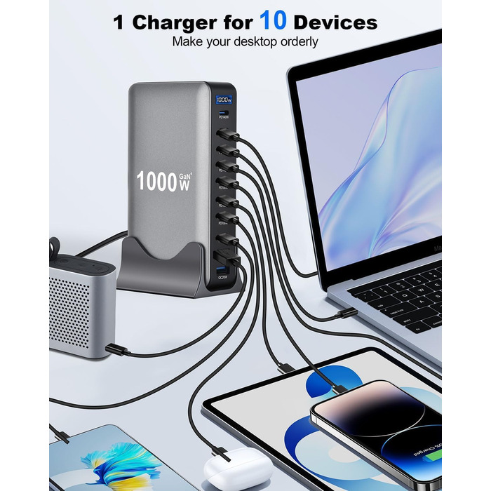 Зарядний пристрій USB-C GaN III 1000W 10-в-1 PD140W/100W QC20W для MacBook, iPad, iPhone, HP, Samsung Galaxy та ін.