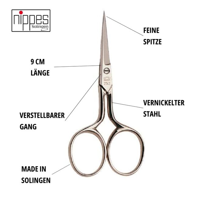 Nippes Solingen ножиці для вишивки та шиття, 9 см, нікельована сталь, швейні ножиці для рукоділля та чистого обрізання ниток