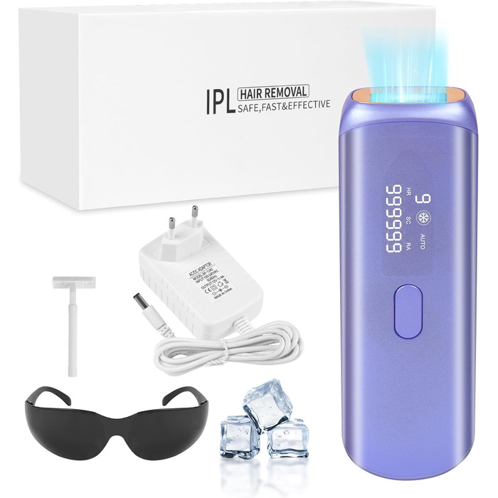 Епілятор ACWOO з системою охолодження, безболісне видалення волосся, лазерний епілятор з 3 функціями HR/SC/RA, 9 рівнів потужності для жінок/чоловіків, обличчя, руки, зона бікіні, тіло, ноги, білий (фіолетовий)