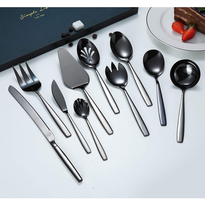 Berglander Black Silverware Serving Set, 10-Piece, Stainless Steel Cutlery Serving Set with Black Titanium Coating, Serving Spoon, Silver Serving Utensil, Rustproof, Lead-Free (10 Pieces)