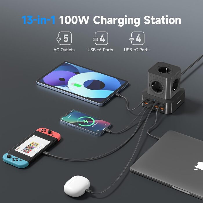 Мережевий фільтр з USB-портами Power Tower - зарядний станція для дому, офісу та студентів. 5 розеток AC, 8 USB (4 USB-C), 2м кабелю, захист від перевантаження