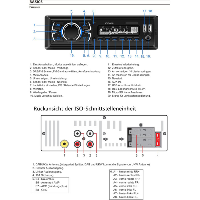 Автомагнітола M.I.C.D3307 з DAB+, Bluetooth, FM-радіо, USB, microSD, AUX, мікрофоном, керуванням з керма, 1 DIN, підтримка MP3/WAV, зарядка смартфона