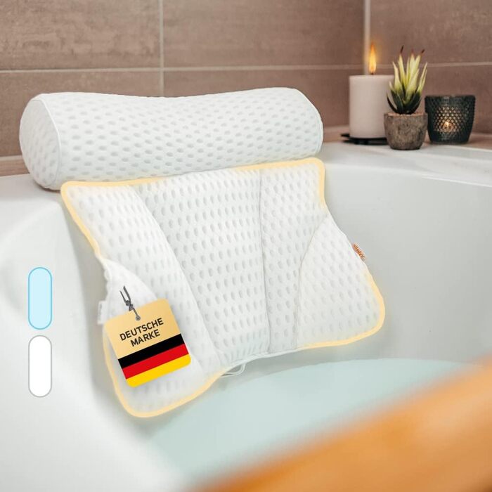 Vybelle® Bathtub Pillow Breathable 4D Air Mesh [perfect ergonomic fit] Bath cushion for neck and back relaxation – incl. extra carrying bag – Bath tub Pillow Designed in Germany