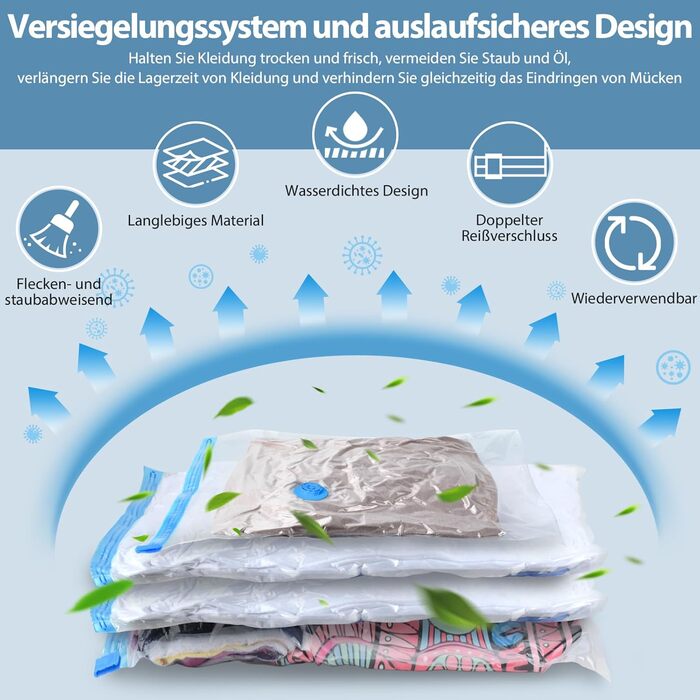 Kissleaf Vacuum Bags for Clothes and Bedding with Electric Pump, 15 Pieces, Travel, Quick Air Extraction, Space-Saving, Dust and Waterproof, Plus Size for More Compression