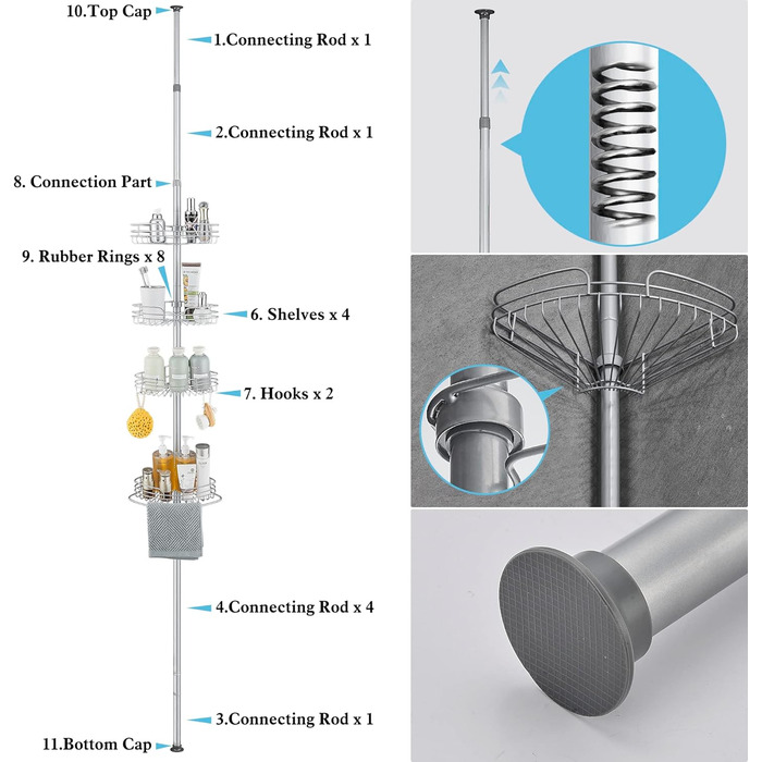 DUFU Кутовий полиця для душу з 4 кошиками, металева, регульована висота 73-265см, без свердління, антиковзаюча, сіра