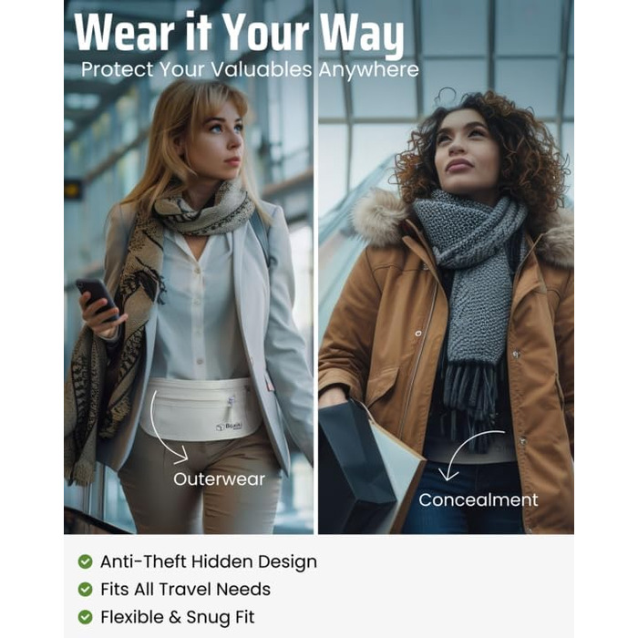 Грифель для подорожей: прихований поясний гаманець для чоловіків та жінок з RFID-блокуванням – безпечний для документів, грошей та телефону (бежевий)