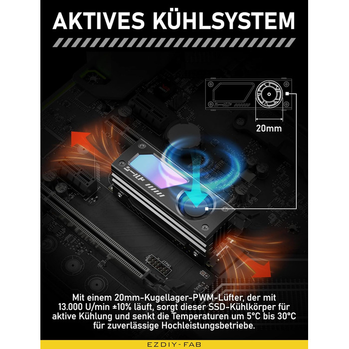 Охолоджувач SSD M.2 EZDIY-FAB Shield ARGB з вентилятором 20mm PWM, алюмінієвий корпус, підтримка ARGB 5V 3-Pin, чорний, 1 шт.