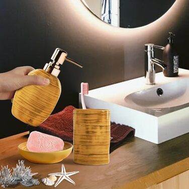 Набір для ванної кімнати на 3 частини, органайзер для ванної з кераміки - тримач для зубних щіток, дозатор мила, мильниця, стильна декор у стилі бохо, аксесуари для ванної кімнати (текстура мармуру, колір Drum-Yellow)