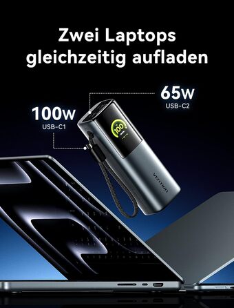 Power Bank VENTION 20000mAh 165W з дисплеєм та Emoji, інтегрований кабель USB-C, 2×100W USB-C + USB-A. Сумісний з MacBook Pro, iPad, Dell/HP, iPhone, Galaxy