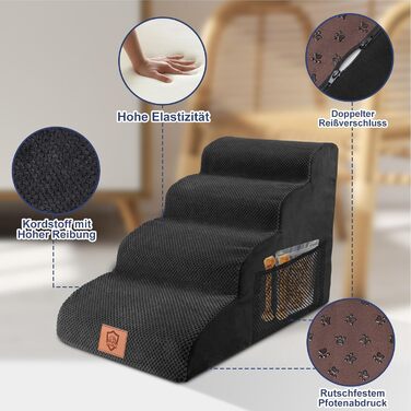 Dog Stairs, Dog Stairs 50cm High, Pet Stairs 4 Steps, Removable Non-Slip Foam Dog Ramp, Dog Stairs for Small Dogs and Cats, Washable Cat Stairs (Pet Stairs 4 Steps, black)