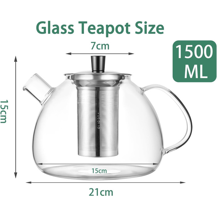 Скляна чайник HEMOLY 1,5 л з ситечком та підставкою для чаю, чайник зі скла, чайник для чаю