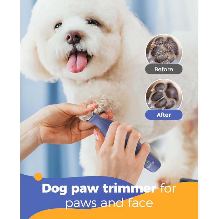 Машинка для стрижки собак і котів oneisall 4-в-1: стрижка, триммінг, шліфування кігтів. Безшумна, акумуляторна. 4 насадки для тіла, лап, очей, вух, обличчя. Білий/Синій колір