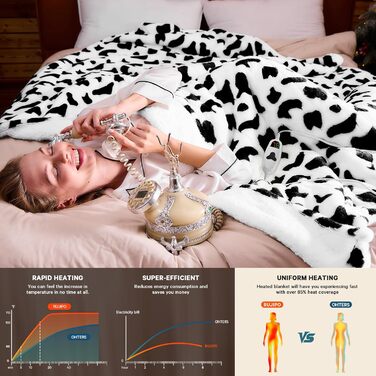 Електрична гріюча ковдра з принтом корів, подвійний розмір, 157 x 213 см, фіолетовий колір, 10 температурних режимів, автоматичне вимкнення через 8 годин, фліс, sherpa, тепла, подарунок для жінок, розмір 62'x84' (72'x84', чорно-біла корова)