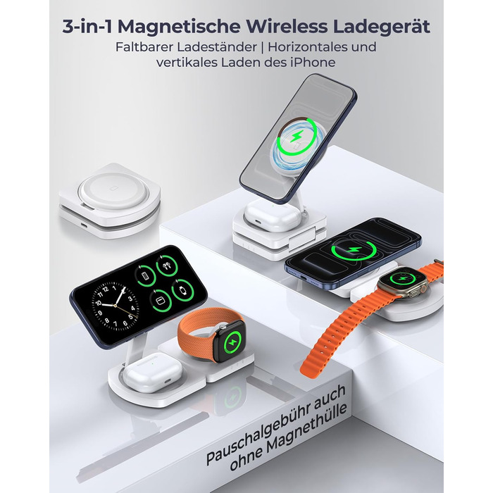 Бездротова зарядка Induktive для iPhone (MagSafe) 3-в-1: Apple Watch, AirPods, iPhone 17 Air/16/15/14/13/12 (Білий)