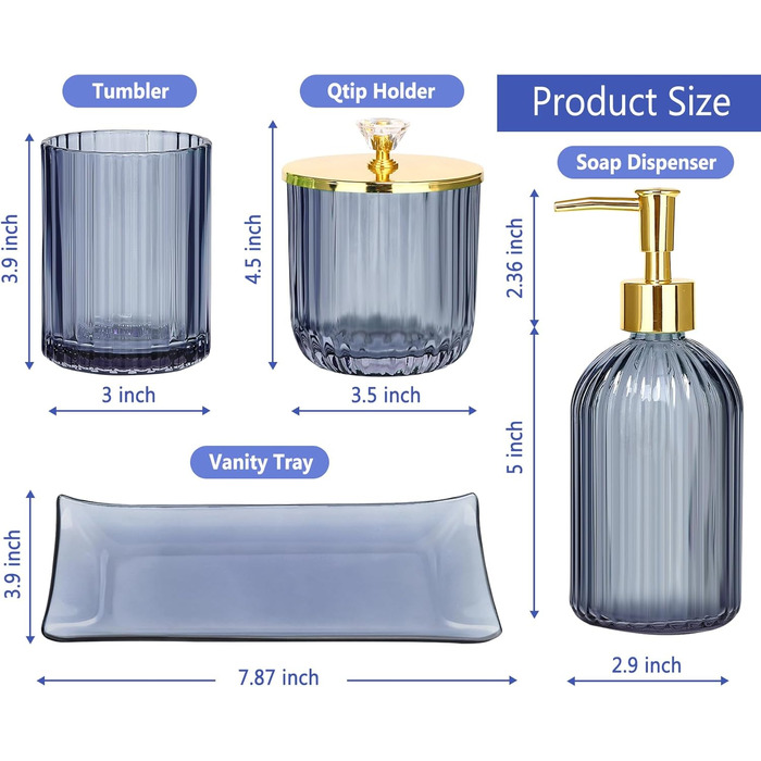 Haturi Bathroom Accessories Set, 4-Piece, Blue Glass - Complete Bathroom Accessories Set including Lotion Soap Dispenser, Toothbrush Holder, Apothecary Jar, Vanity Tray, Bathroom Decor, Gift for