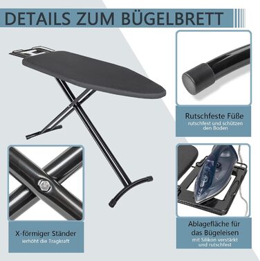 Відкидна прасувальна дошка з підставкою для праски, регульована по висоті, з неслизькими ніжками, компактна, чорна (122 x 38 см)