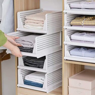 Set of 4 Stackable Folding Clothes Storage Boxes, Plastic Closet Shelves, Closet Organizer Boxes, Pull-Out Drawer-Like Design, Suitable for Home, Bedroom, Kitchen