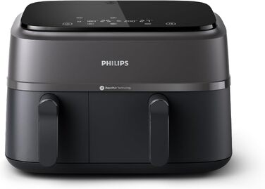 Philips Dual Basket Airfryer 3000 Series, 9L, 2 Drawers, Sync Function, Rapid Air Technology, Versatile Large Hot Air Fryer, 90% Less Fat and Energy Saving, HomeID App (NA350/00)