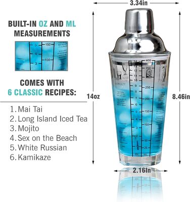EVERYDAY COCKTAIL® Professional Glass Cocktail Shaker, 400 ml, Martini Shaker, Shaker with Recipes on the Side, Transparent Bar Shaker with Measurements, Integrated Strainer with Seal