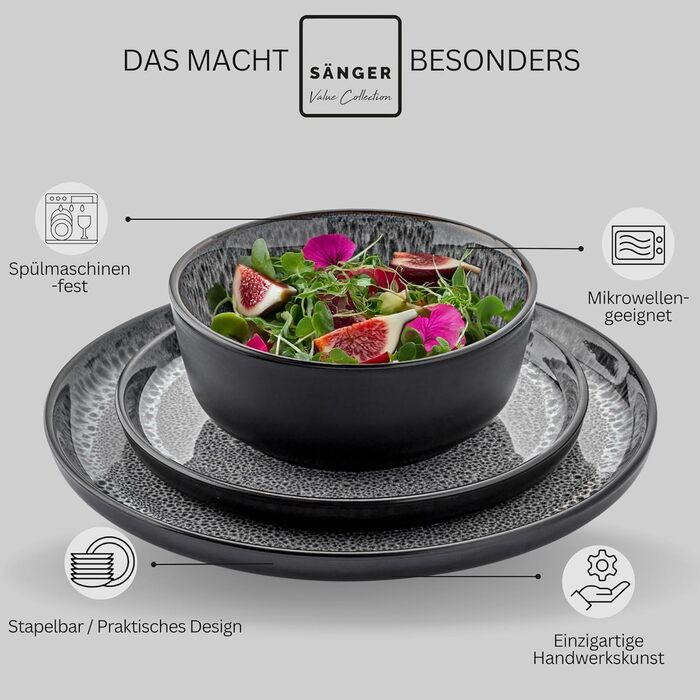 Набір посуду SÄNGER Sydney (18 предметів) | Сервіз на 6 осіб, тарілки, миски, десертні тарілки, темний сірий колір, стійкий до подряпин | VALUE COLLECTION