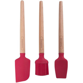 Farberware Wooden Baking Set, including mini baking brush, slotted spatula, perfect for sweet and savory dishes, 3-piece set, red