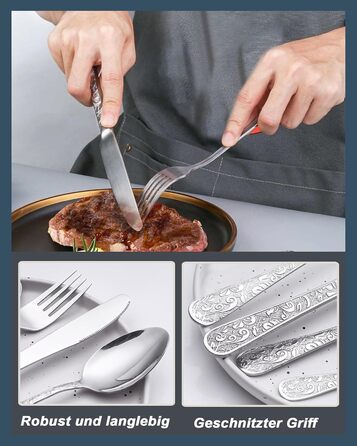 Набір столових приборів Vintage з різьбленням на 6 осіб, нержавіюча сталь, сріблястий (24 предмети) - ложки, виделки, ножі для дому та кухні, поліровані