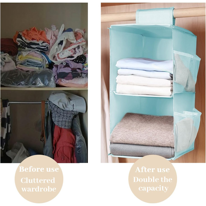 Настінна полиця-органайзер для шафи, 4 відділення, 12 кишень, для спальні, сімейного гардеробу, складана, універсальна, 30 x 22.5 x 80 см (Блакитна, 2 яруси)