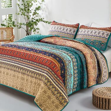 WONGS BEDDING Bedspread 220x240 Bed Cover Bohemian Quilt Steppdecke 3-Piece Double Bed Quilted Bedspread Microfiber Throw Blanket with 2 Pillowcases 50x70 for Bedroom as Sofa Cover (Bohemian) (200x220 cm, Brown Green)