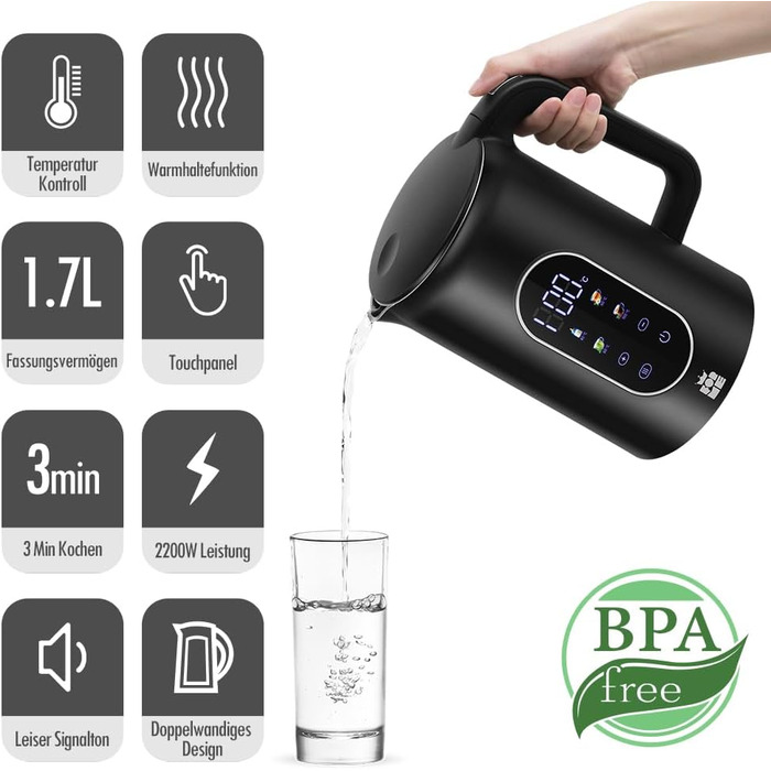 Електричний чайник ForMe з нержавіючої сталі, 1.7 л, регулювання температури 40-100°C, LED дисплей, функція підтримання тепла, BPA Free