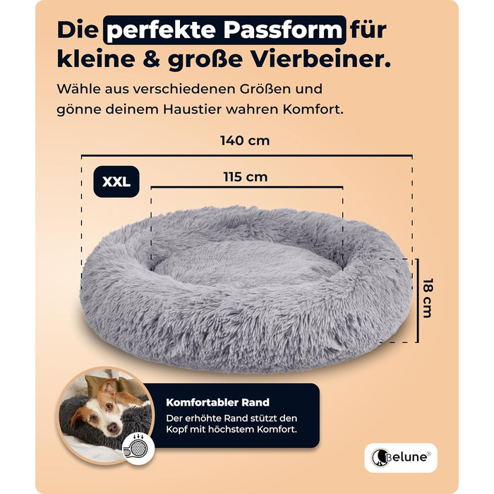 Belune® Лежанка для собак знімний чохол - Оригінал - [L, 100 см] Корзина для собак, ліжко для котів, лежанка для собак, м'яка лежанка для великих, середніх та маленьких собак (XXL (140 см), світло-сіра)