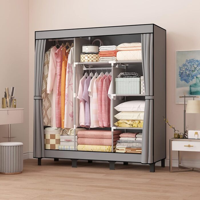 LOEFME Wardrobe, cloth wardrobe with 2 sturdy clothes rails, fabric clothes closet with shelves, open foldable clothes rack, storage for the bedroom, 172 x 130 x 45 cm (Grey)