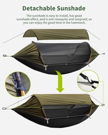 Гамак для кемпінгу 4-в-1 з москітною сіткою та знімним сонцезахистом, 290x140 см, армійний зелений