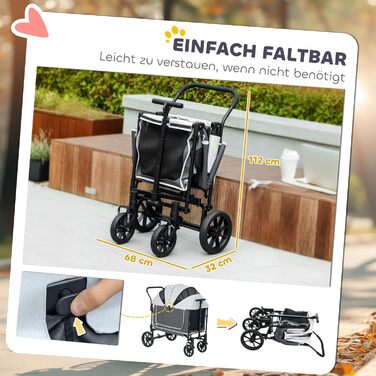 PawHut 2-в-1 візок для собак та котів, розкладний, до 30 кг, з подушкою, сітковими віконцями, 2 дверцятами, сумкою для зберігання, темно-сірий