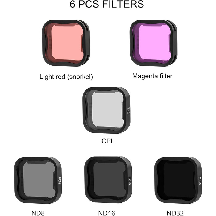 Фільтри для GoPro Hero 7 6 5: Набір SOONSUN (ND8, ND16, ND32, CPL, червоний, маджента) - 6 шт.