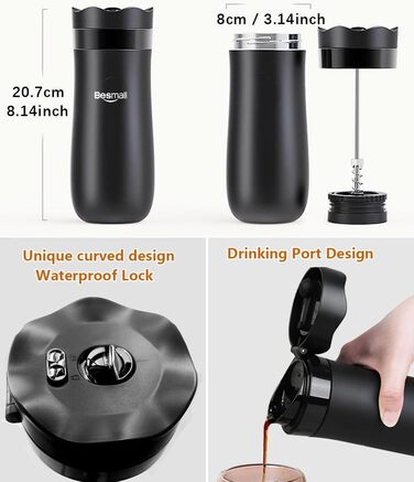 Френч-прес для кави та чаю, нержавіюча сталь, термокружка з фільтром, чорний