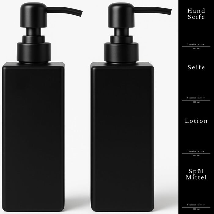Диспенсер для мила скляний чорний матовий 2 шт, 350 мл з нержавіючою помпою для кухні та ванної кімнати + етикетки
