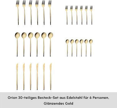 Karaca Orion Shiny Gold 30-Piece Cutlery Set - Knives, Forks, Spoons, Cake Forks, Stainless Steel, Dining Cutlery Tableware Set - Healthy and Hygienic, Modern Design