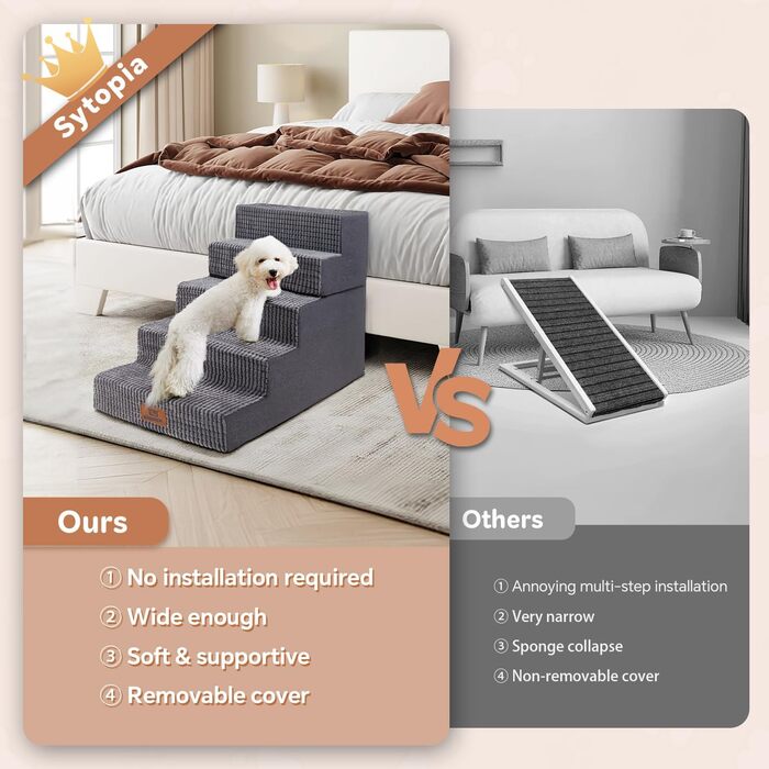 Sytopia dog stairs 40 cm high, 3 steps, dog stairs for bed, sofa for small dogs, pet stairs washable, foam stairs, for injured, older dogs (34cm height, Grey) (5 steps dog stairs (H:57CM), Flannel)