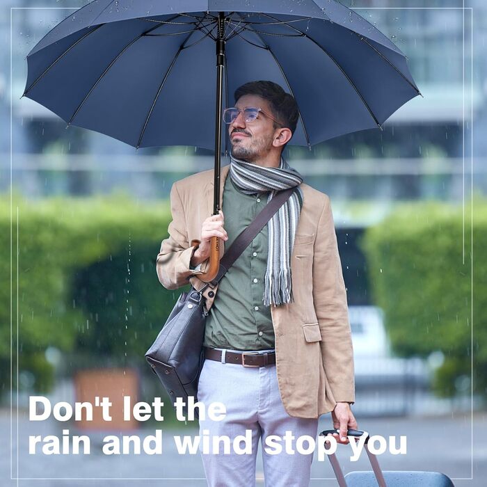 Stormproof Umbrella - XL Wooden Handle Rain Stick Umbrella for Men & Women - 12 Ribs, 118cm, Marine Blue