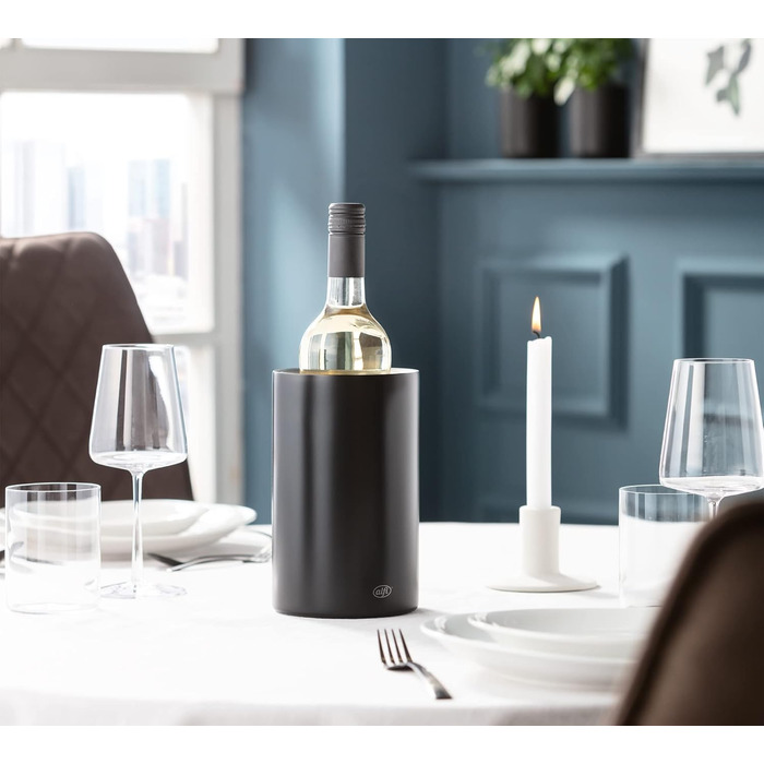 alfi SECCO, Stainless steel bottle cooler for 0.70 to 1l bottles, wine, sparkling wine, keeps drinks cool without condensation or ice cubes, cool drinks to the very last drop, dishwasher-safe, BPA-free (Velvet Black Mat, cylindrical)
