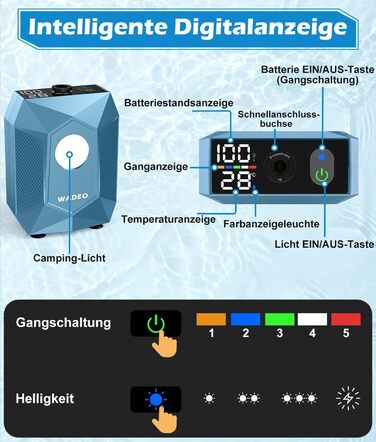 Портативна душова кабіна WADEO з акумулятором, помпою та підсвічуванням, 120 хвилин роботи, LED-ліхтар, мобільний душ-сет з 2м шлангом, душовою насадкою, тримачем та відром для саду, миття автомобіля, домашніх тварин, пляжу, подорожей (Блакитний, з відром