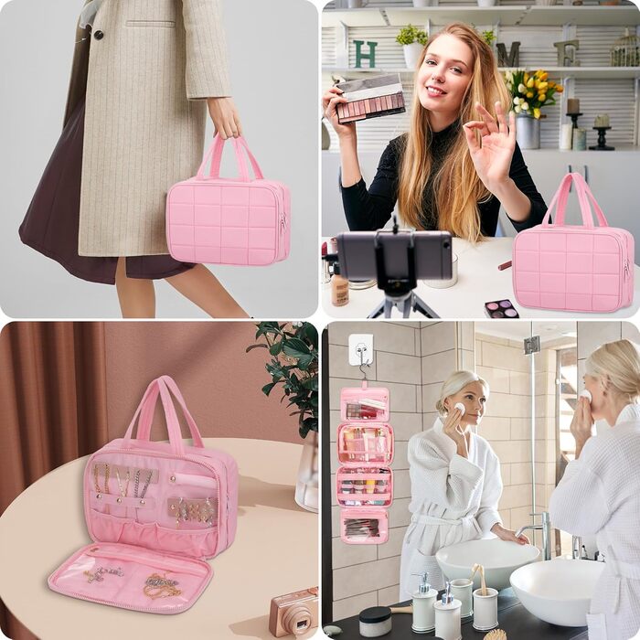 Кришталево-рожева дорожня косметичка для жінок з організатором для прикрас та гачком, водонепроникна, з кількома відділеннями