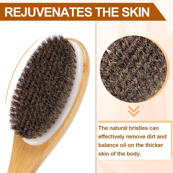 Бамбукова щітка для душу з вигнутим довгою ручкою, 42 см, скрабер для спини з натуральною щетиною, для чоловіків та жінок, пілінг для спини, мило для тіла для ванни або сухого пілінгу