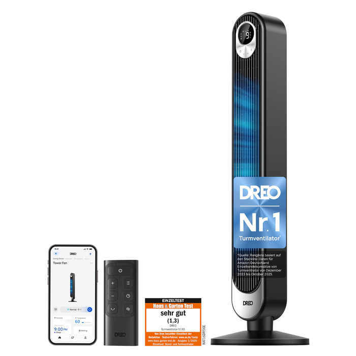 Дрео розумний вентилятор з мотором DC 20dB, 11 м дальность, з пультом керування, 9 режимів, 4 моди, 90° осциляція, голосове керування, таймер 12H, Wi-Fi, для спальні