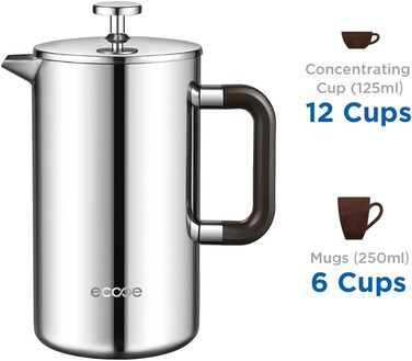 Френч-прес Ecooe 1.5 л з подвійними стінками, нержавіюча сталь 18/10, 3 фільтри, велика ємність для кави