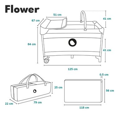 Lionelo Flower 4in1 Travel Cot Baby, Playpen Baby with Side Entrance, Changing Table, Two Mattress Suspension Heights, Play Arch with Figures, Wheels, Carry Bag 1 Piece (1 Pack) Pink