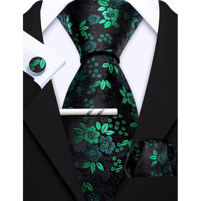 Комплект краваток Barry.Wang: краватка, кишеньковий хустинка та запонки. Чорний колір з зеленим квітковим візерунком, для весілля та ділових зустрічей