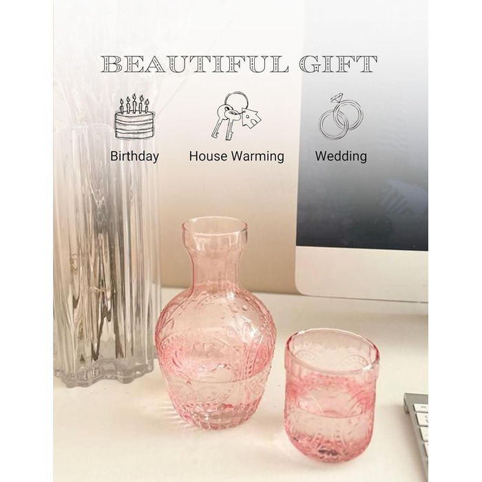 Vintage Glass Carafe with Lid & Matching Drinking Glass – 750 ml Capacity – Elegant Glass Jug for Water, Juice, or Wine – Stylish Home Decor for Kitchen or Dining Room (Pink)