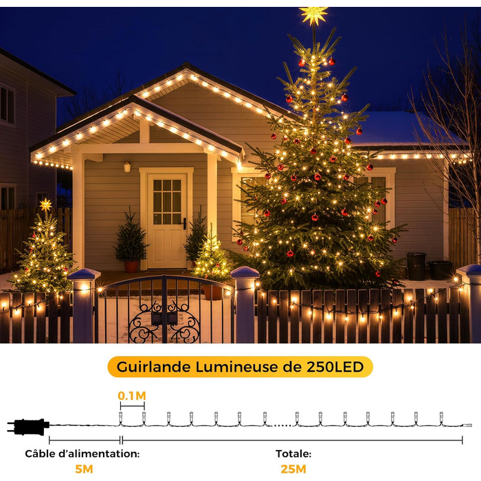 LED гірлянда для прикраси на різдво - 5м, 150 LED, тепле біле світло, таймер, пульт, 8 режимів, для дому та вулиці